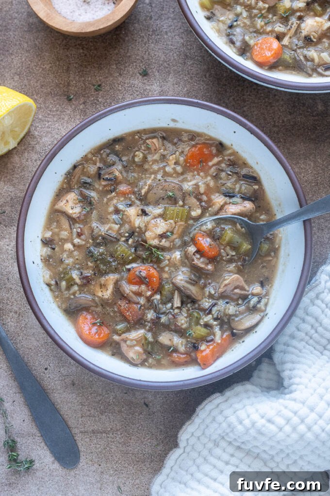Dairy free chicken wild rice soup in a bowl with a spoon.