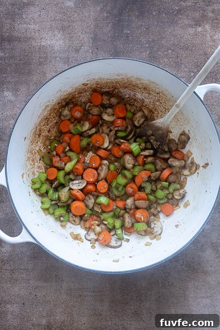 Sauteed vegetables for chicken wild rice soup recipe.