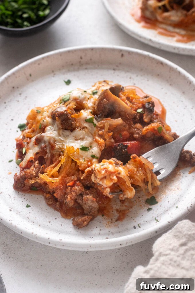 Casserole with spaghetti squash on a plate.