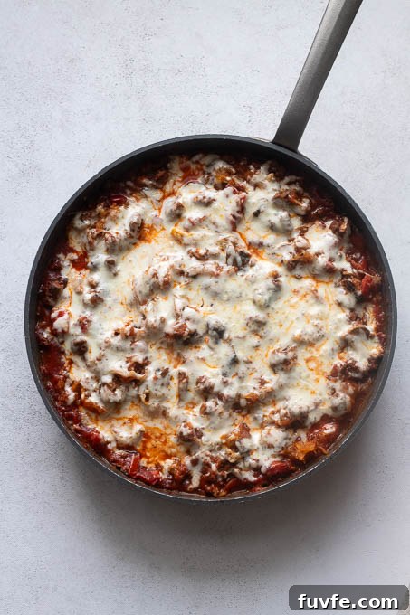 Spaghetti squash casserole in skillet after baking.