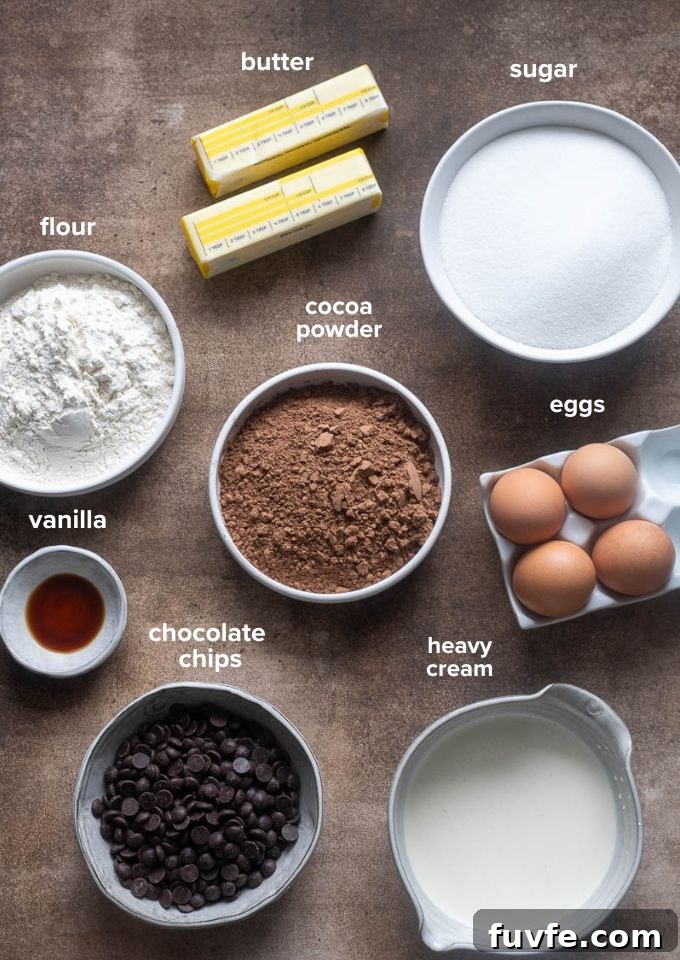 Chocolate ganache brownies recipe ingredients.