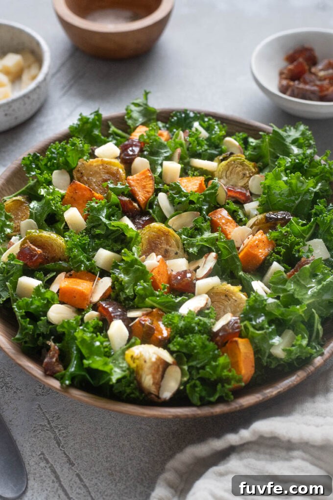 Roasted Winter Vegetables and Kale Salad 3 Roasted sweet potato kale salad in a serving bowl.