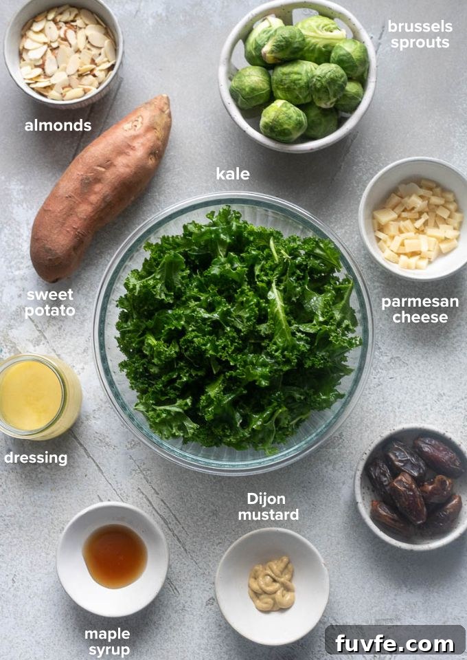 Roasted Winter Vegetables and Kale Salad 4 Roasted sweet potato kale salad ingredients labelled.
