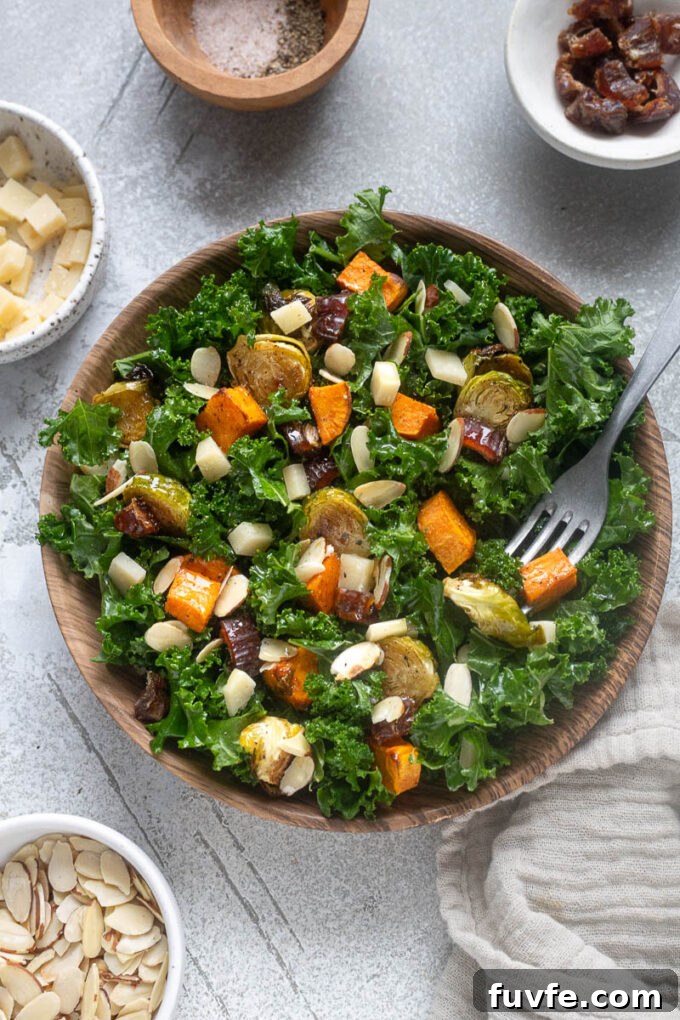 Roasted Winter Vegetables and Kale Salad 9 Winter roasted vegetable salad with kale, sweet potatoes and brussels sprouts.