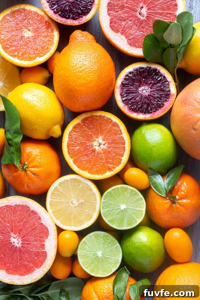 Assorted citrus fruits including oranges, lemons, limes and grapefruit arranged on a wooden surface.