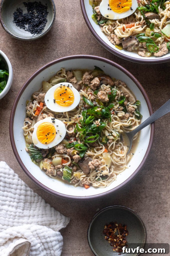 Ground pork ramen with bok choy, shiitake mushrooms, and topped with soft boiled eggs.