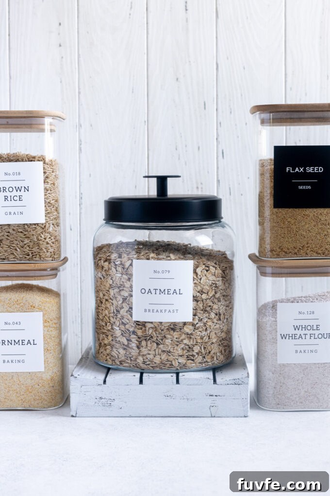 Variety of flours and grains including rolled oats, whole wheat flour, cornmeal and flaxseed meal.