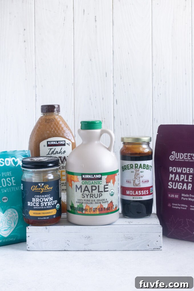 Natural sweeteners including honey, maple syrup, coconut sugar and allulose.