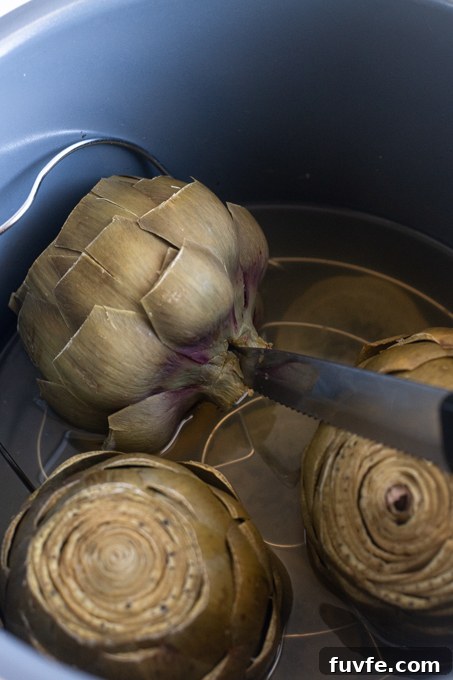 How to Cook Tender Instant Pot Artichokes 11 Knife inserted into bottom of artichoke to check for doneness.