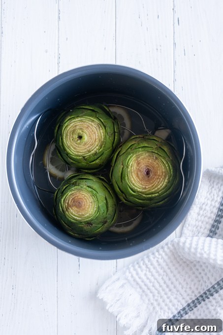 How to Cook Tender Instant Pot Artichokes 9 Fresh artichokes on trivet in Instant Pot before cooking.