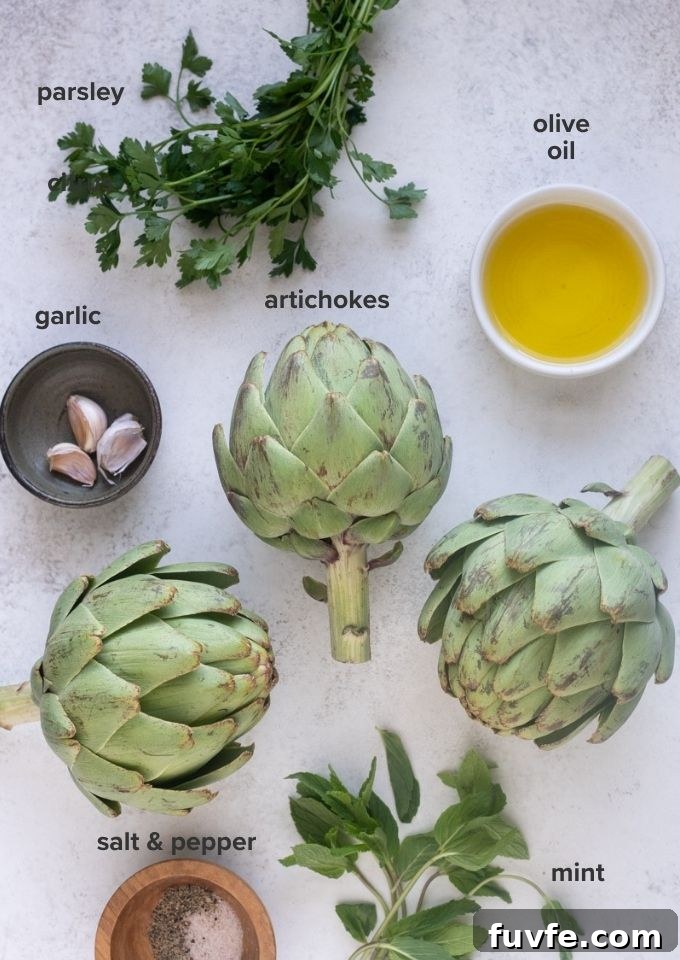 Carciofi alla Romana: Roman-Style Artichoke Recipe 4 Roman artichokes recipe ingredients.