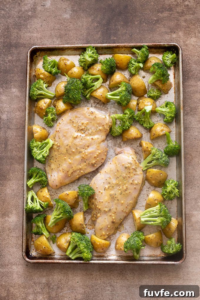 Broccoli florets on top of honey mustard chicken and potatoes.