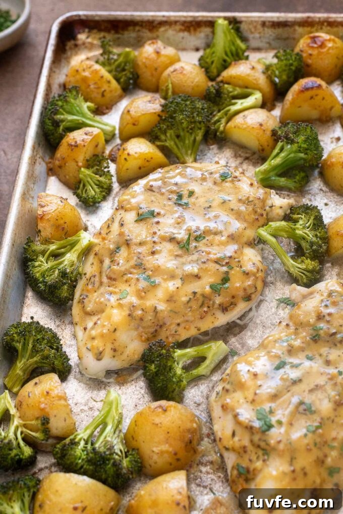 Close up honey mustard chicken breast on sheet pan with roasted vegetables.