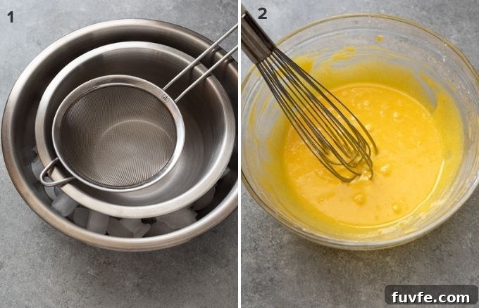 Banana Cream Pie Recipe with Graham Cracker Crust 5 Collage of pastry cream prep and whisked egg yolk and sugar mixture