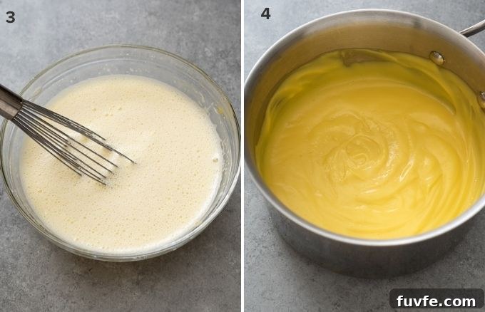 Banana Cream Pie Recipe with Graham Cracker Crust 6 Hot milk added to egg yolk mixture and finished pastry cream in pot