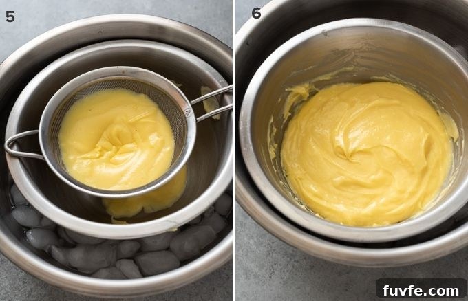 Banana Cream Pie Recipe with Graham Cracker Crust 7 Straining pastry cream through sieve and chilling in bowl over ice bath
