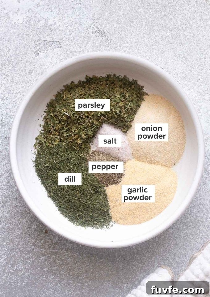 How to Make Homemade Ranch Seasoning Mix 4 Ranch seasoning ingredients sectioned out and labelled.