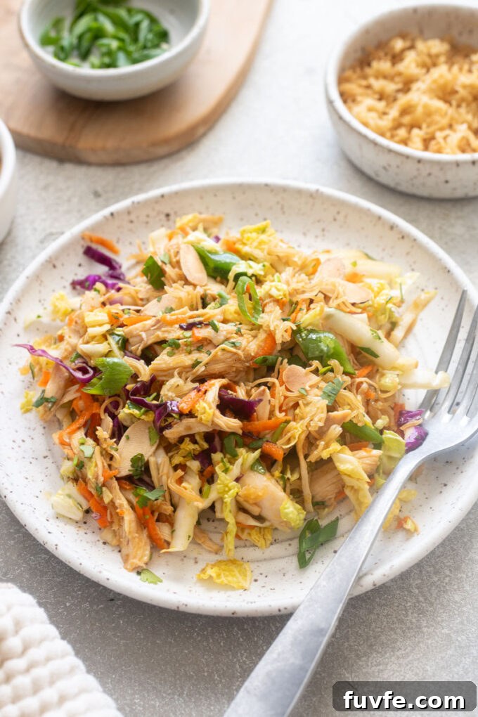 Serving of Chinese chicken salad topped with ramen noodles.