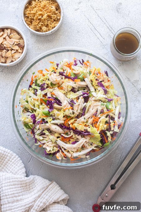 Chinese chicken salad combined in mixing bowl.