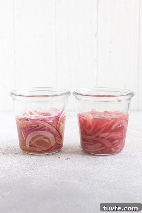 Before and after shot of pickled red onions in jars side by side.
