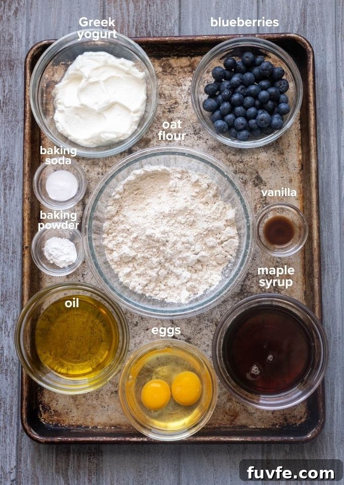 Blueberry oat flour muffins recipe ingredients.