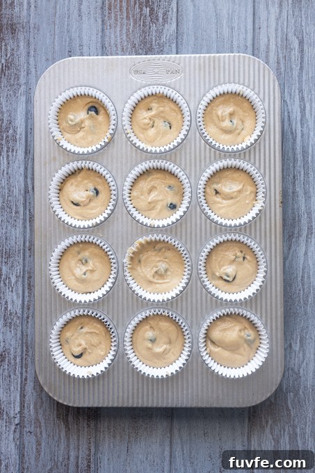 Blueberry muffins with oat flour batter in muffin pan before baking.
