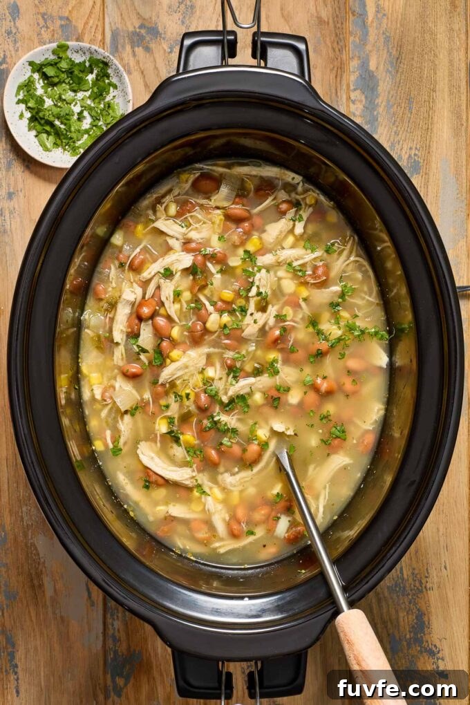 Slow Cooker Chicken Enchilada Verde Soup 5 Green enchilada chicken soup in the crockpot.