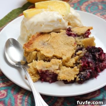 A slice of gluten-free berry cake on a white plate with ice cream and lemon slices