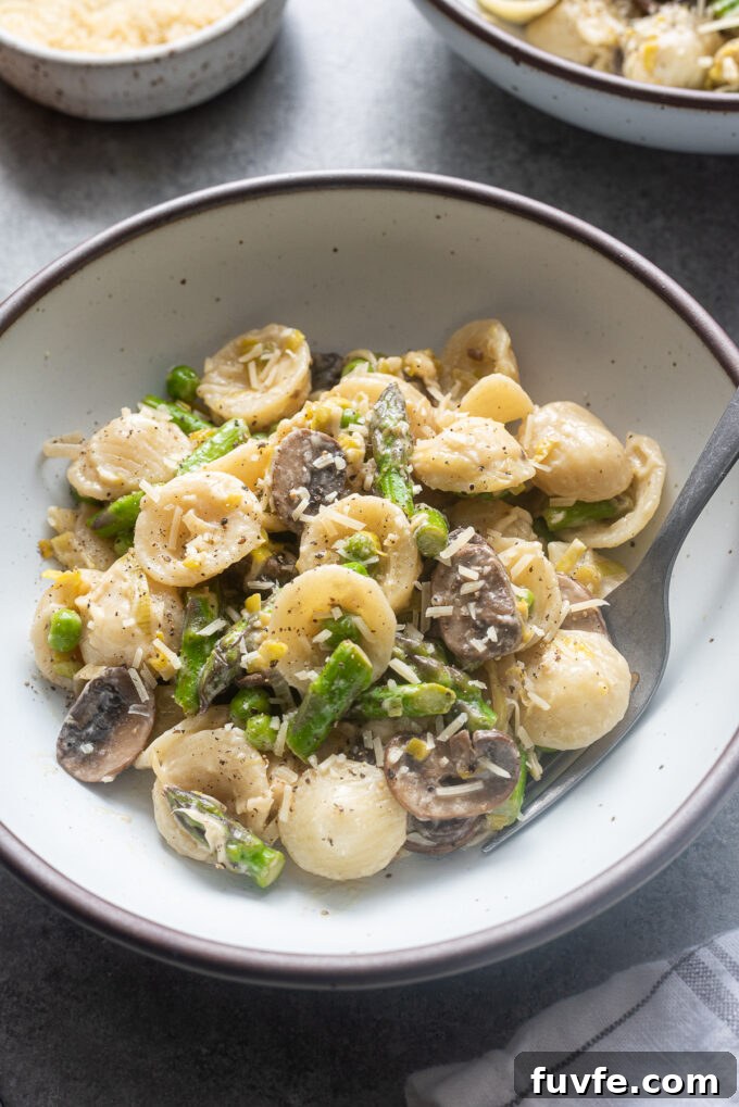 One-Pot Spring Pasta Primavera Recipe with Fresh Veggies 3 One pot spring vegetable pasta in a bowl topped with parmesan.