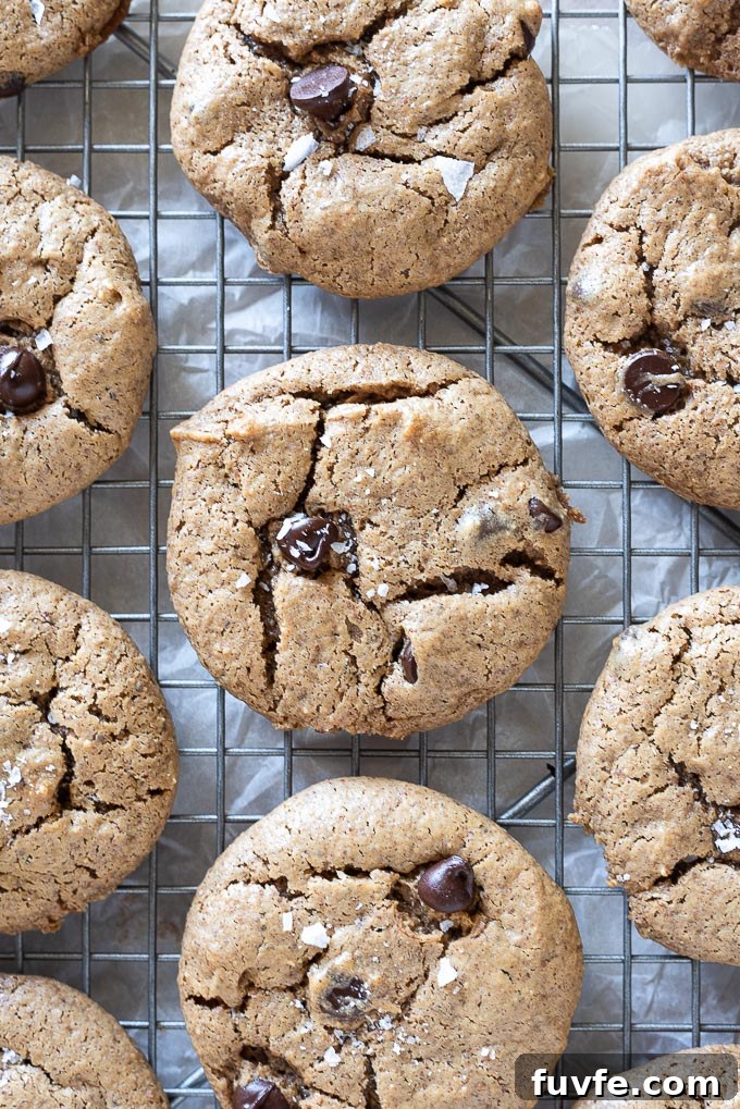 Flourless Almond Butter Cookies Recipe 6 Almond butter chocolate chip cookies on a wire rack