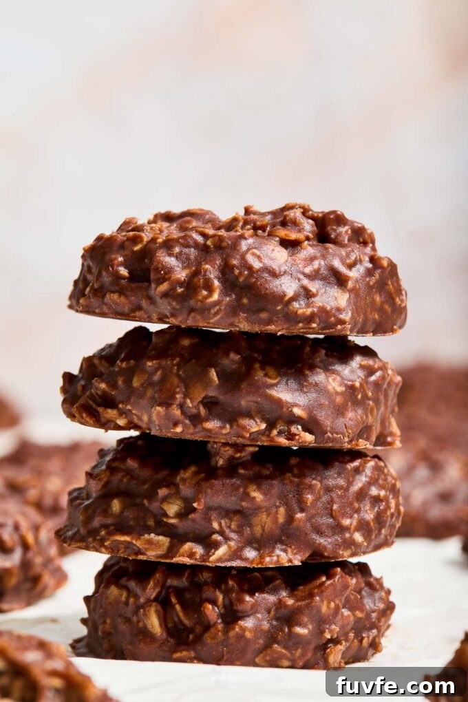No-Bake Chocolate Peanut Butter Oatmeal Cookies Recipe 2 Stack of no bake chocolate peanut butter oatmeal cookies.