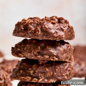 No-Bake Chocolate Peanut Butter Oatmeal Cookies Recipe 10 Stack of no bake chocolate peanut butter oatmeal cookies.