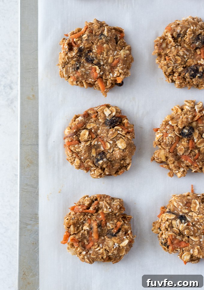 Chewy Carrot Oatmeal Cookies Recipe 7 Unbaked carrot oatmeal cookies on baking sheet.