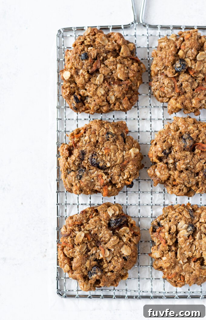 Chewy Carrot Oatmeal Cookies Recipe 8 Oatmeal carrot cookies with raisins on a wire rack.