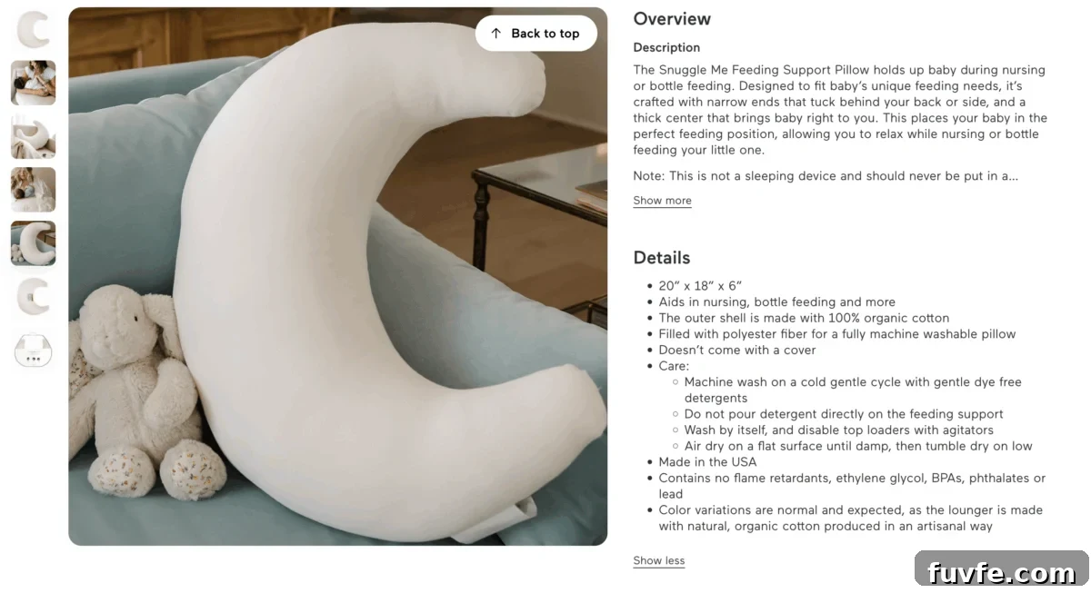 Top Non-Toxic Pregnancy and Organic Nursing Pillows for Moms 13 A white, crescent-shaped Snuggle Me Feeding Support Pillow sits on a blue sofa next to a plush rabbit toy, accompanied by a product description and details list.