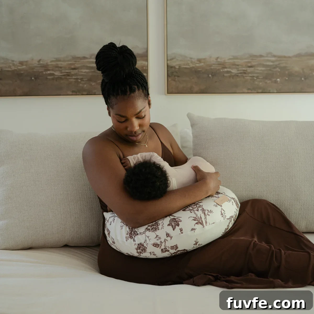 Top Non-Toxic Pregnancy and Organic Nursing Pillows for Moms 4 A woman in a brown dress sits on a bed and cradles her baby while using a floral-patterned nursing pillow for support in a room decorated with landscape paintings.