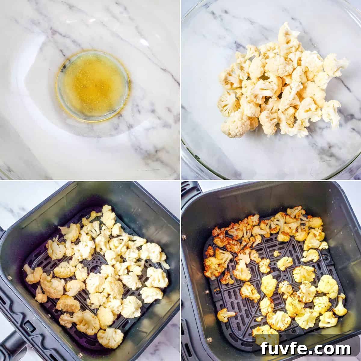 Crispy Air-Fried Cauliflower Recipes for Every Meal 5 Process images showing seasoning, adding cauliflower, placing it in the air fryer, and the finished roasted cauliflower.