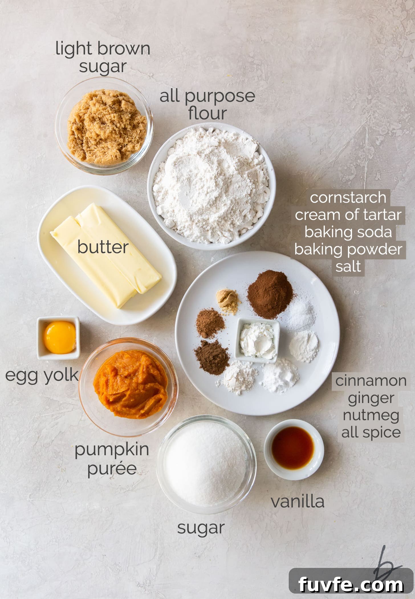 pumpkin snickerdoodle ingredients in bowls labeled with text