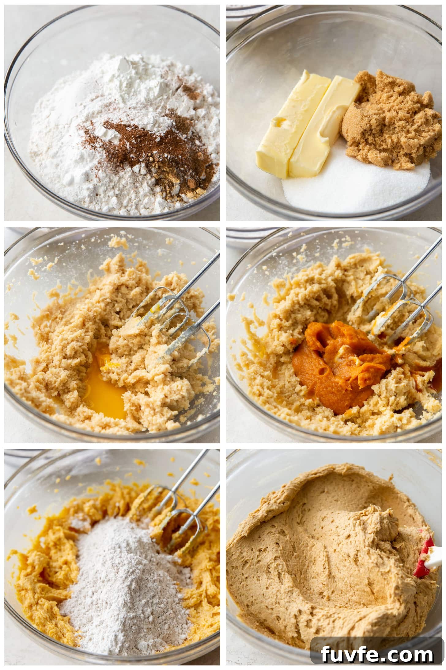 photo collage demonstrating how to make pumpkin snickerdoodle cookie dough in a mixing bowl