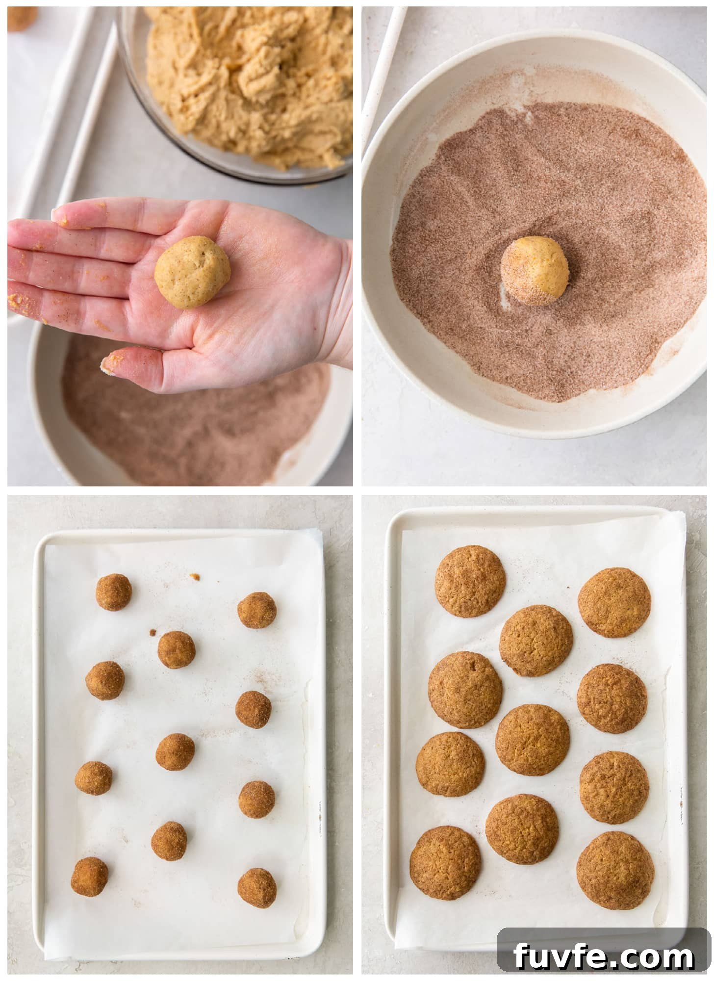 photo collage demonstrating how to roll pumpkin snickerdoodle cookie dough in cinnamon sugar and place on baking sheet
