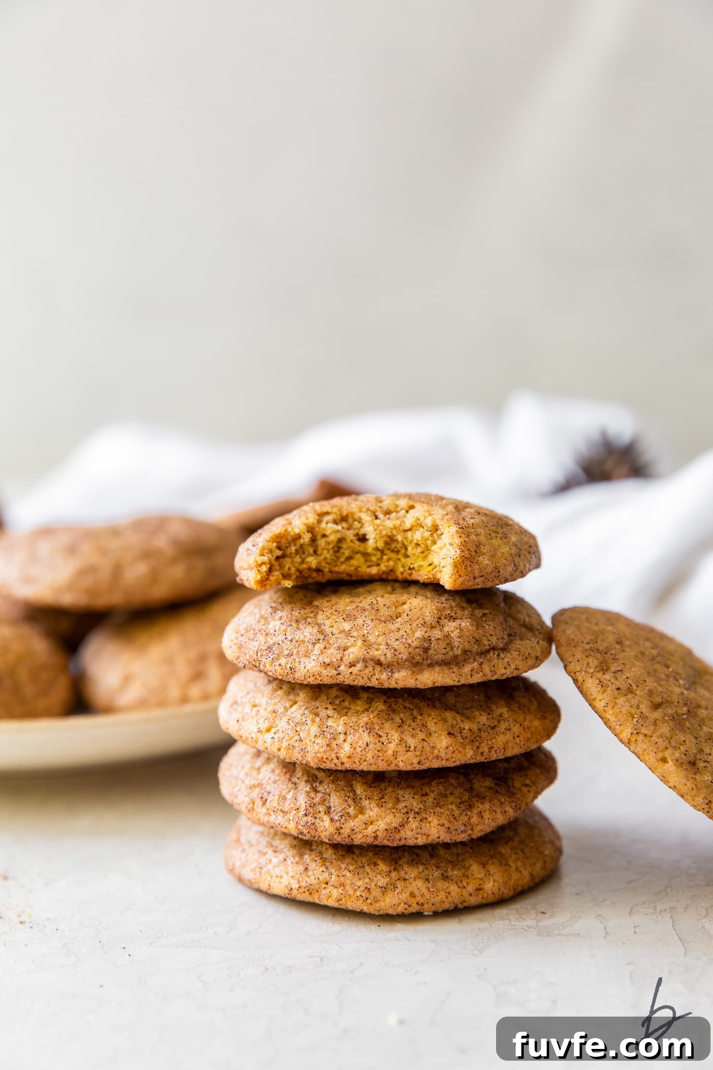 stack of pumpkin snickerdoodles and top cookie with a bite