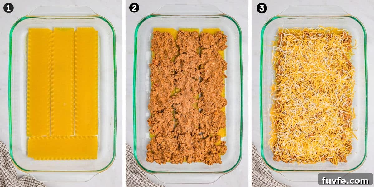 Three-step collage showing the layering process of taco lasagna with noodles, meat, and cheese.