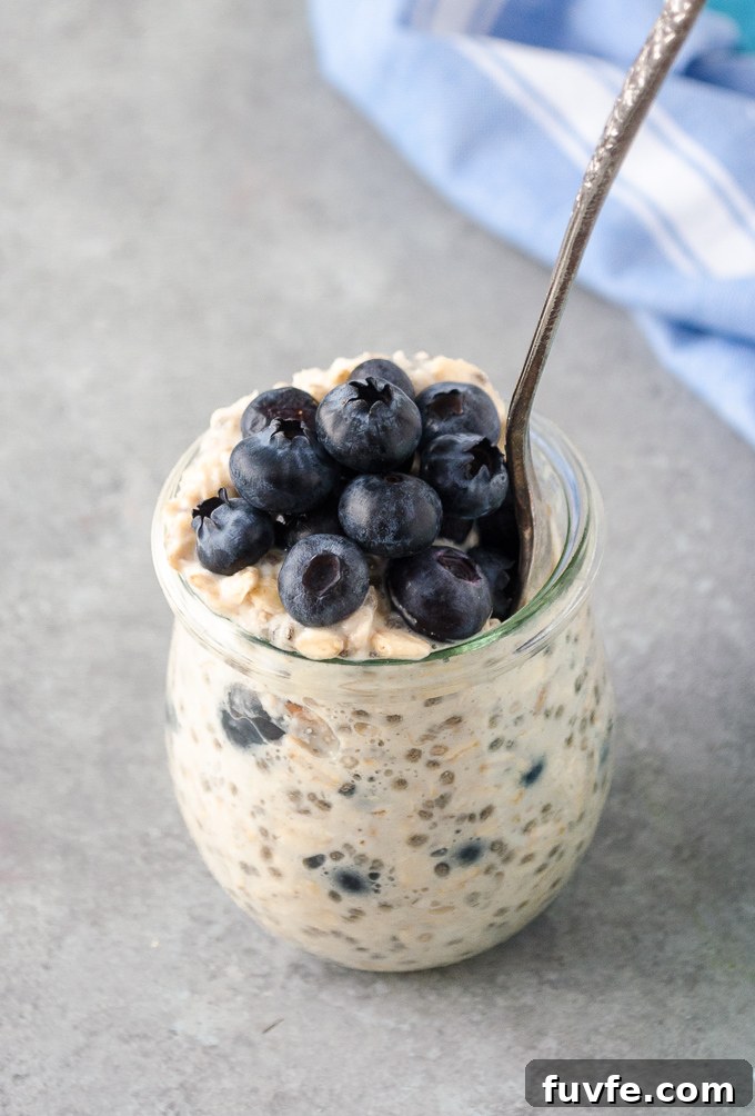 Overnight oats with blueberries on top