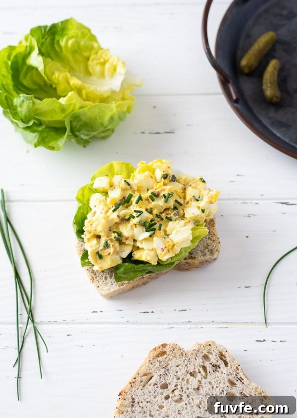 open faced egg salad sandwich with chives on top