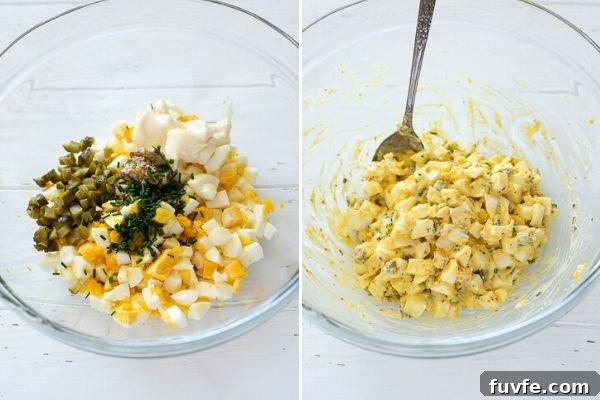 egg salad ingredients before and after mixing