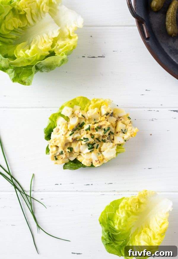 overhead of egg salad lettuce wrap