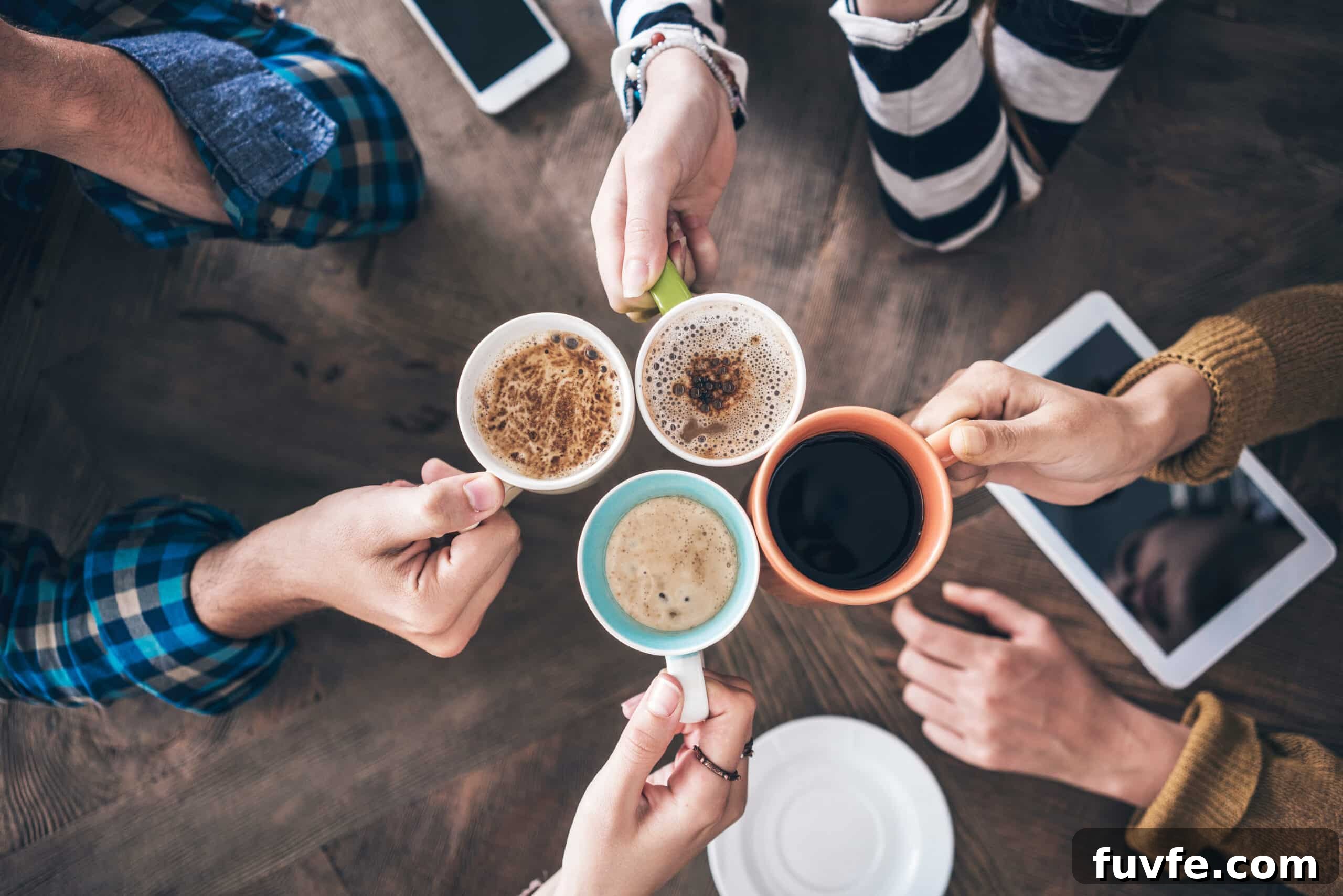 17 Simple Hospitality Ideas to Welcome Guests at Home 2 Hands holding coffee cups together in the center of a table.