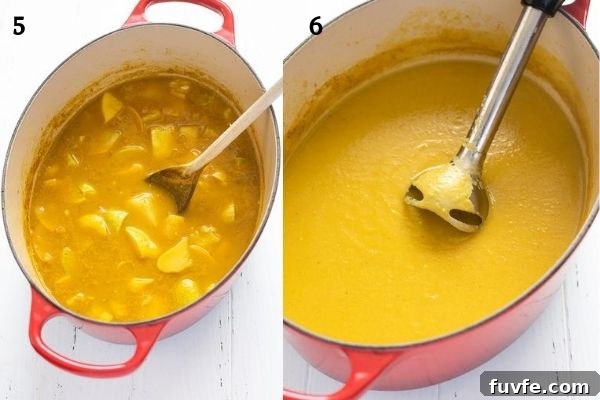 summer squash soup before and after pureeing