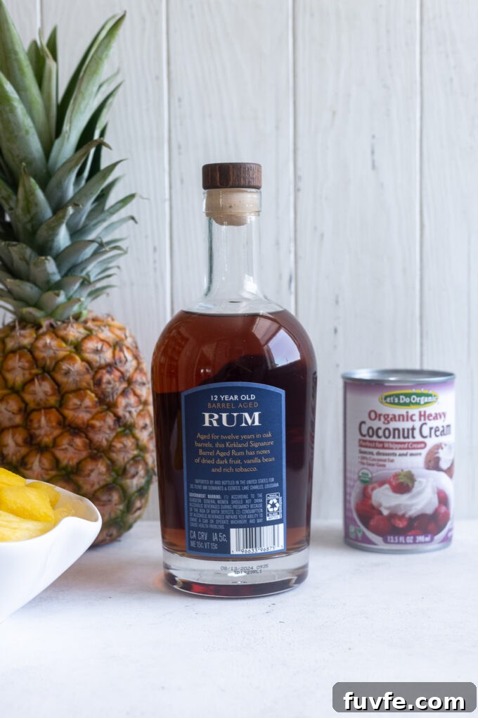 Pina colada cocktail recipe ingredients.