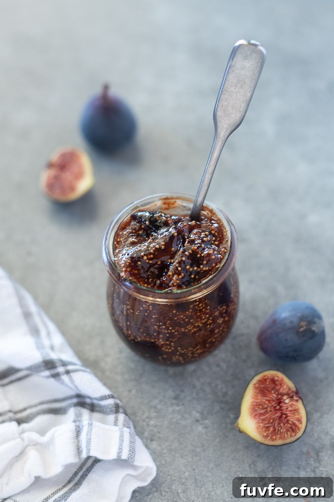 Spoon buried into jar of fig spread
